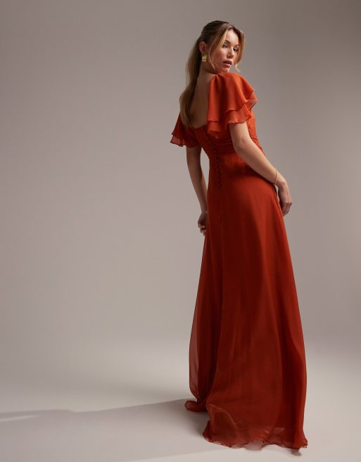 ASOS DESIGN Bridesmaid short sleeve ruched maxi dress in rust