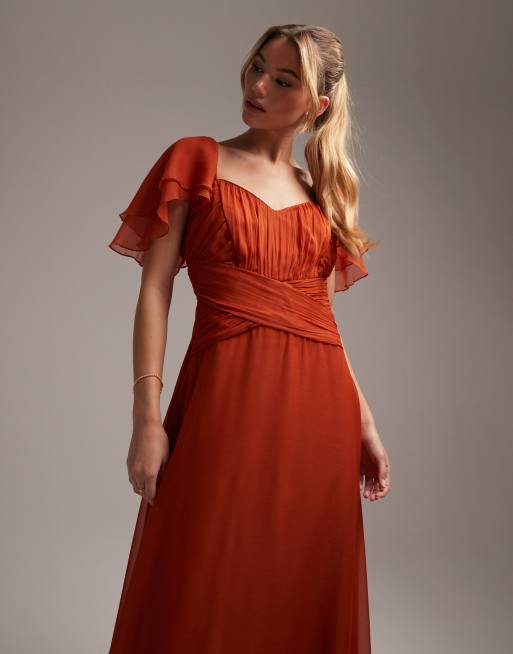 ASOS DESIGN Bridesmaid short sleeve ruched maxi dress in rust