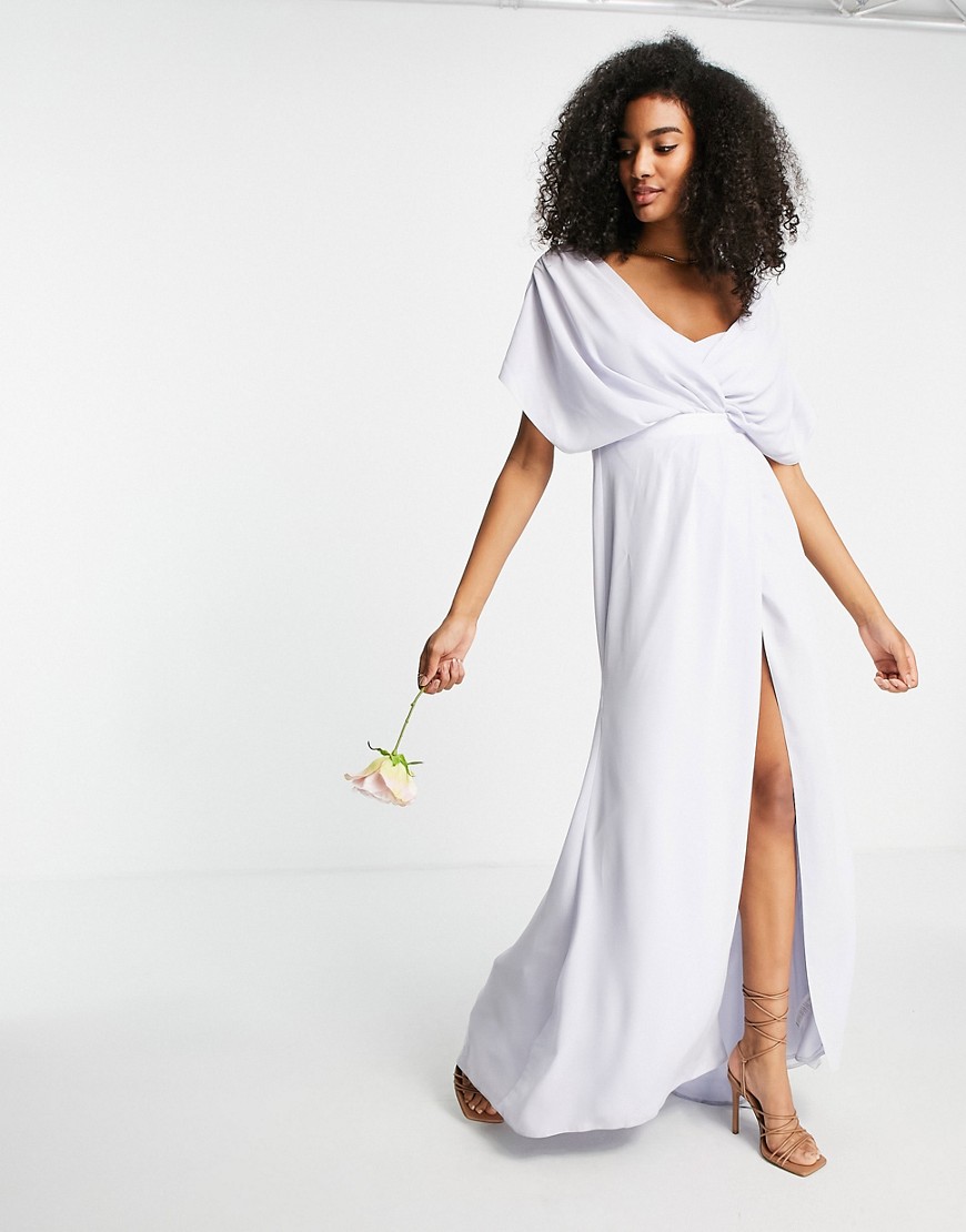 ASOS DESIGN Bridesmaid short sleeved cowl front maxi dress with button back detail in blue-Blues