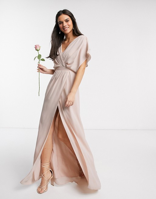 ASOS DESIGN Bridesmaid short sleeved cowl front maxi dress with button back detail in Blush