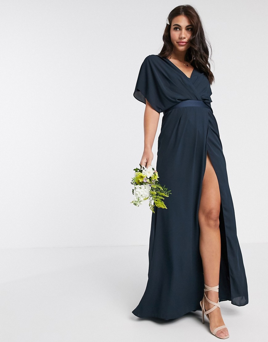 ASOS DESIGN Bridesmaid short sleeved cowl front maxi dress with button back detail-Navy