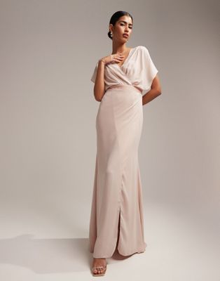 Asos Design Bridesmaid Flutter Sleeve Maxi Dress With Satin Trim Detail And Wrap Skirt-pink