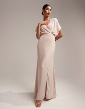 ASOS DESIGN Bridesmaid flutter sleeve maxi dress with satin trim detail and wrap  skirt