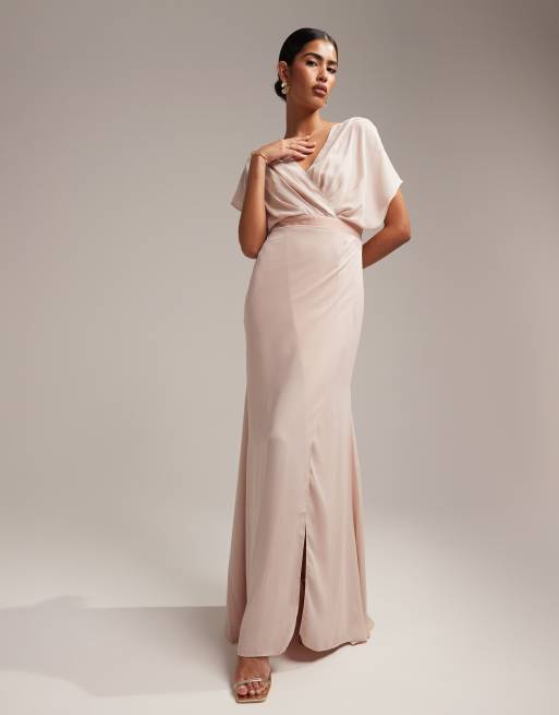 ASOS DESIGN Bridesmaid flutter sleeve maxi dress with satin trim detail and  wrap skirt