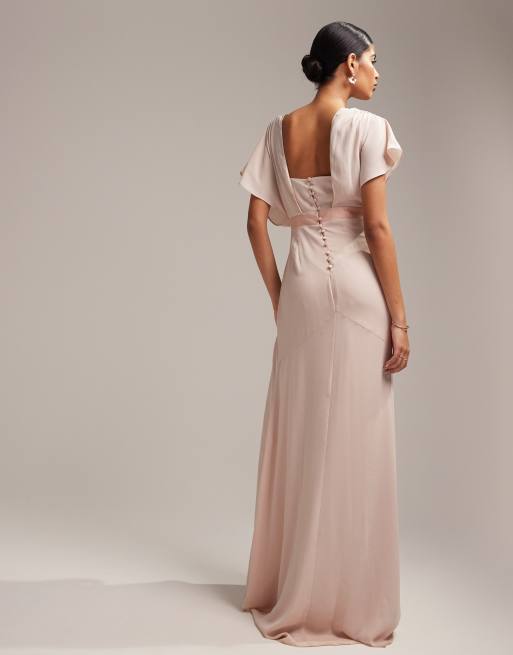 ASOS DESIGN Bridesmaid short sleeved cowl front maxi dress with button back  detail