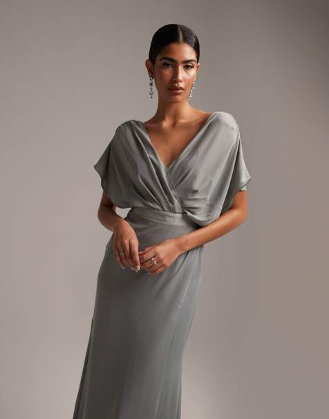 ASOS DESIGN Bridesmaid satin ruched halter neck maxi dress in sage