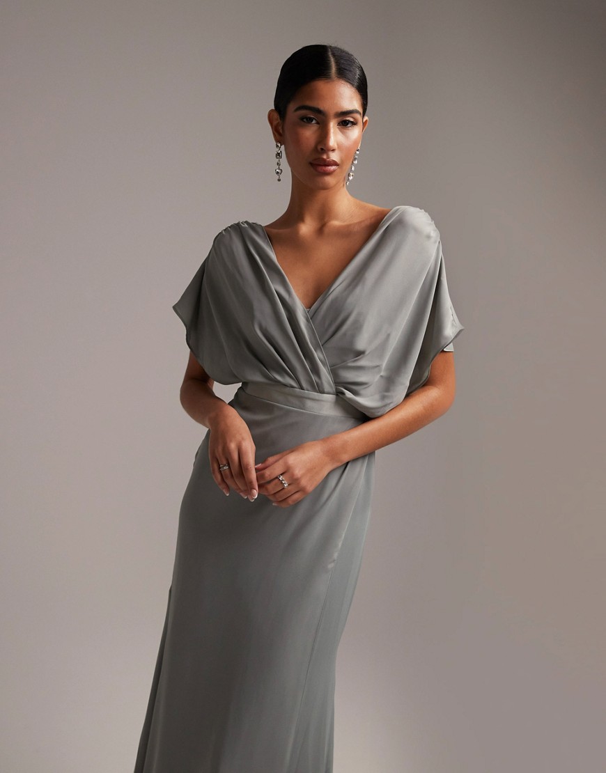 ASOS DESIGN Bridesmaid short sleeved cowl front maxi dress with button back detail-Green