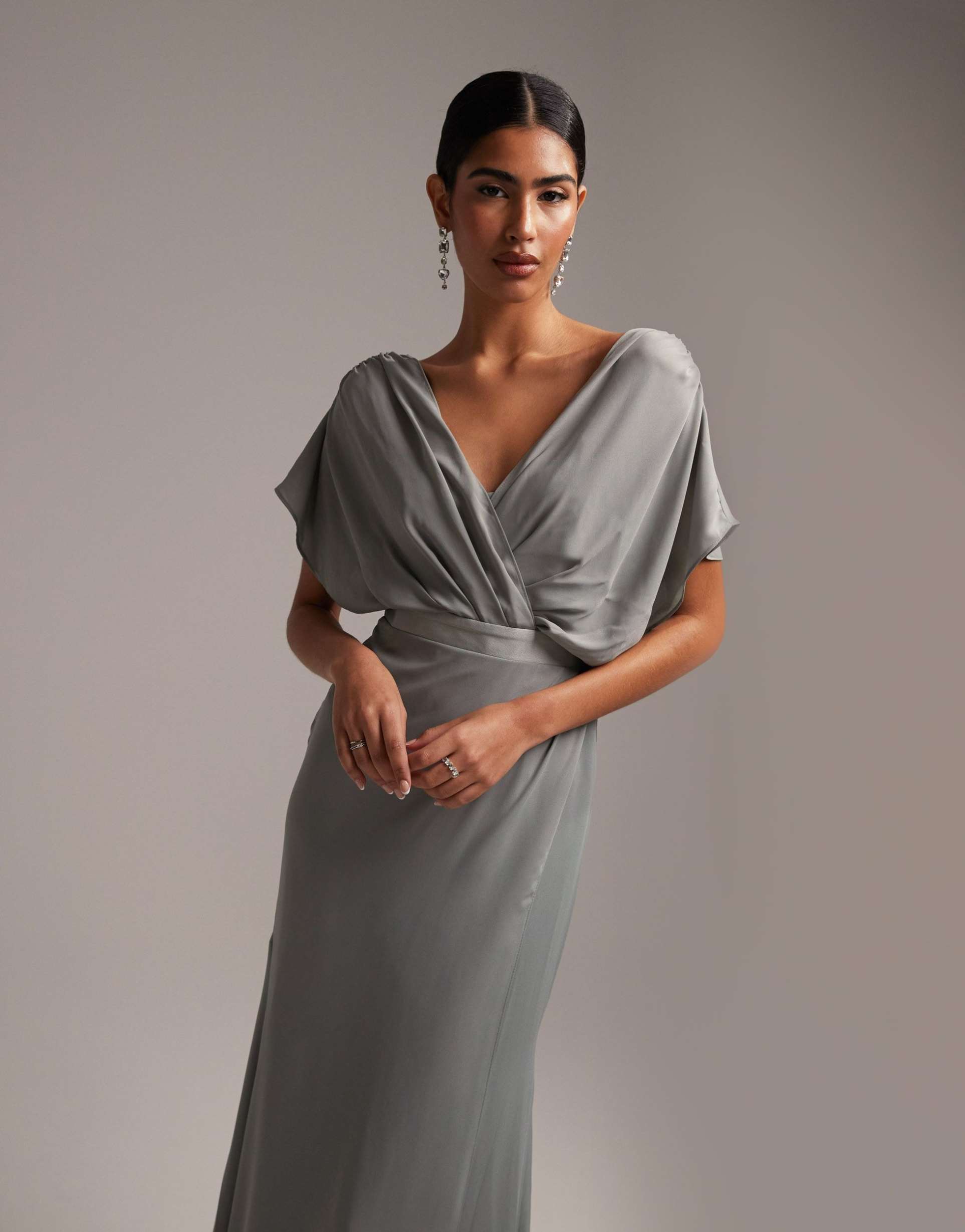 asos design bridesmaid short sleeved cowl front maxi dress with button back detail