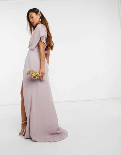 ASOS DESIGN Bridesmaid short sleeved cowl front maxi dress with button back  detail