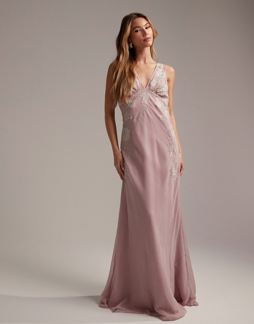 ASOS DESIGN Bridesmaid sleeveless maxi dress with floral applique in rose-Pink
