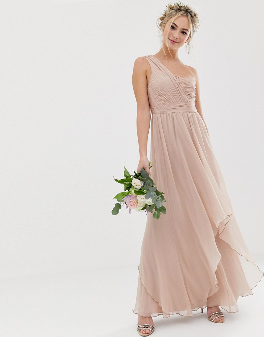 ASOS DESIGN Bridesmaid soft layer maxi dress with one shoulder pleated bodice-Pink