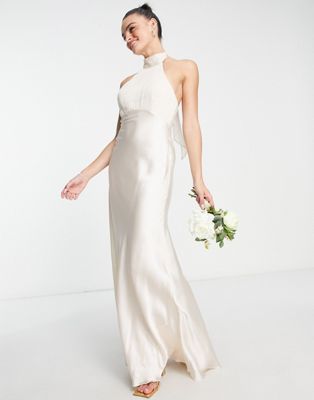 ASOS DESIGN Bridesmaid soft pleated halter maxi dress with satin skirt in cream
