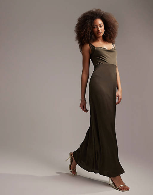  Bridesmaid square neck satin maxi dress with cowl front in forest 