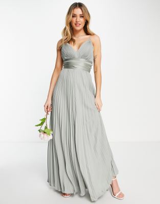 ASOS DESIGN Bridesmaid strappy pleated maxi dress with satin wrap waist in olive-Green