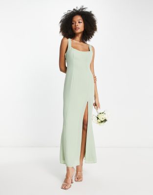 Asos Design Bridesmaid Sweetheart Button Back Detail Maxi Dress In Sage-green