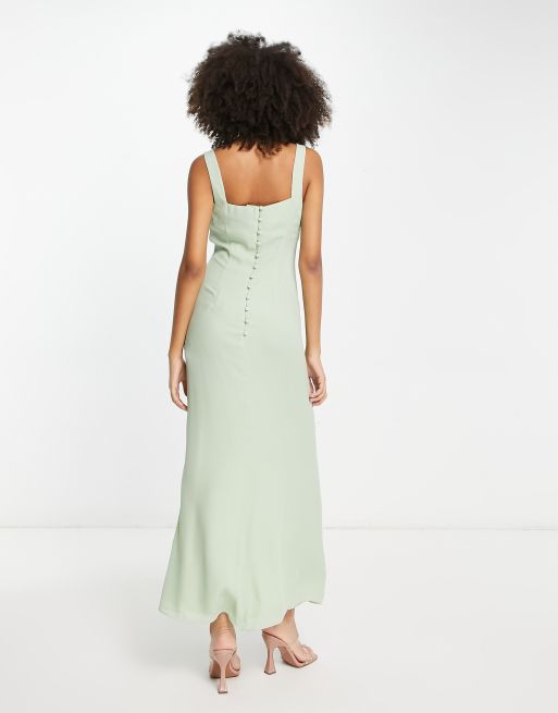 ASOS DESIGN Bridesmaid satin cowl neck maxi dress with full skirt in olive  green