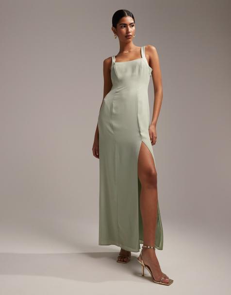 ASOS DESIGN Bridesmaid fallen shoulder drape maxi dress with layered wrap  skirt in olive