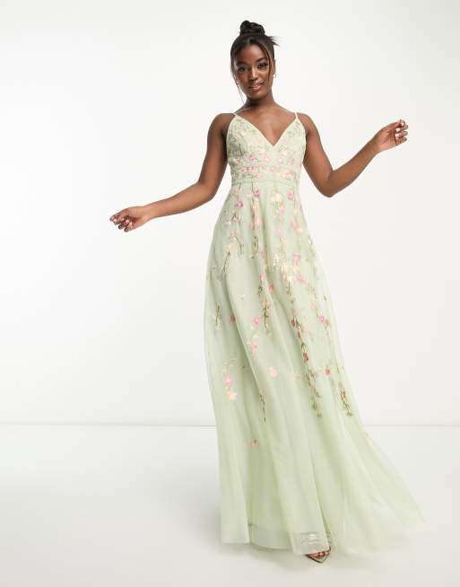 ASOS DESIGN Bridesmaid – Szałwiowozielona sukienka maxi na ramiączkach ze zdobieniem i kwiatowym haftem