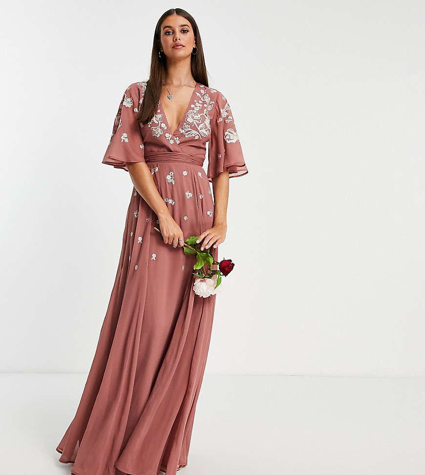 Product photo of Asos design bridesmaid tall flutter sleeve wrap waist maxi dress with tonal floral embroiderypink