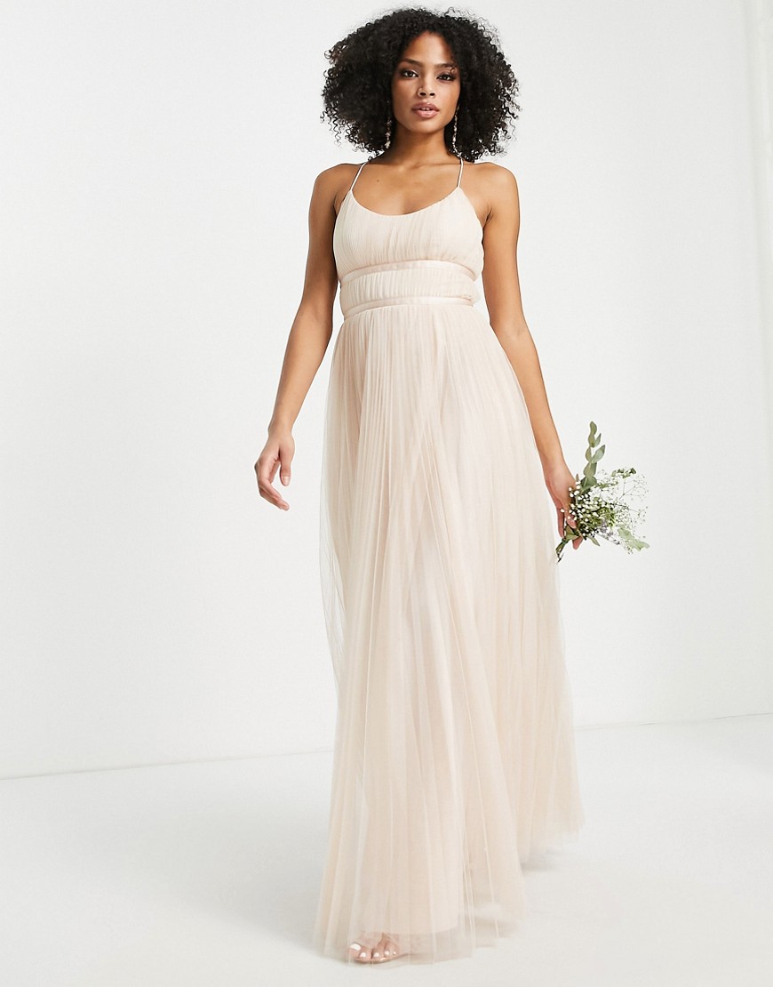 ASOS DESIGN bridesmaid tulle cami maxi dress with satin ribbon waist detail and pleated skirt in cha