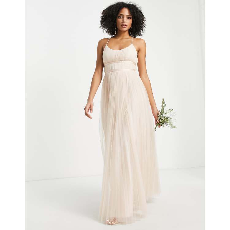 ASOS DESIGN bridesmaid tulle cami maxi dress with satin ribbon waist detail  and pleated skirt in champagne