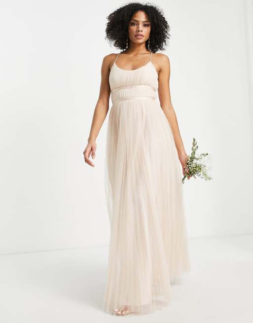 ASOS DESIGN bridesmaid tulle cami maxi dress with satin ribbon waist detail  and pleated skirt in champagne