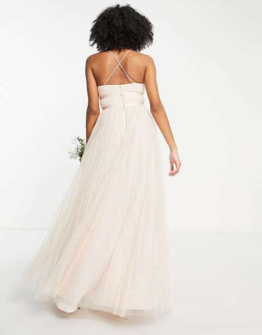 ASOS DESIGN bridesmaid tulle cami maxi dress with satin ribbon waist detail  and pleated skirt in champagne