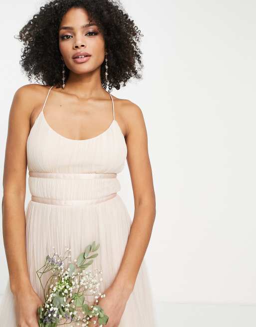 ASOS DESIGN bridesmaid tulle cami maxi dress with satin ribbon waist detail  and pleated skirt in champagne