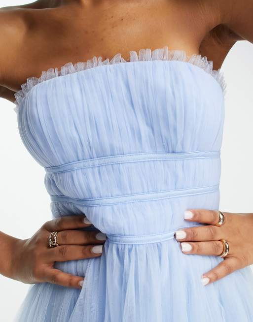ASOS DESIGN Bridesmaid tulle chanelled bodice tulle maxi dress in light blue, 3 of 4