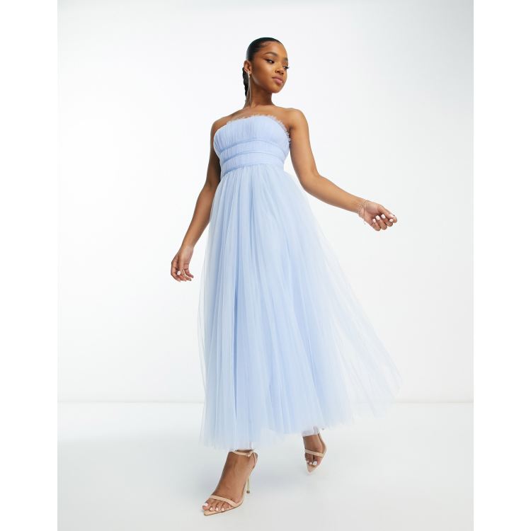 asos blue tulle dress DESIGN Bridesmaid channeled bodice tulle maxi in light Size:10