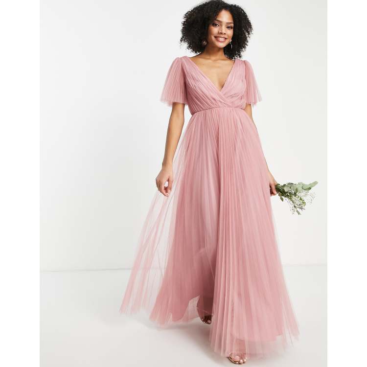 ASOS DESIGN Bridesmaid tulle maxi dress with flutter sleeve and pleated  skirt in rose