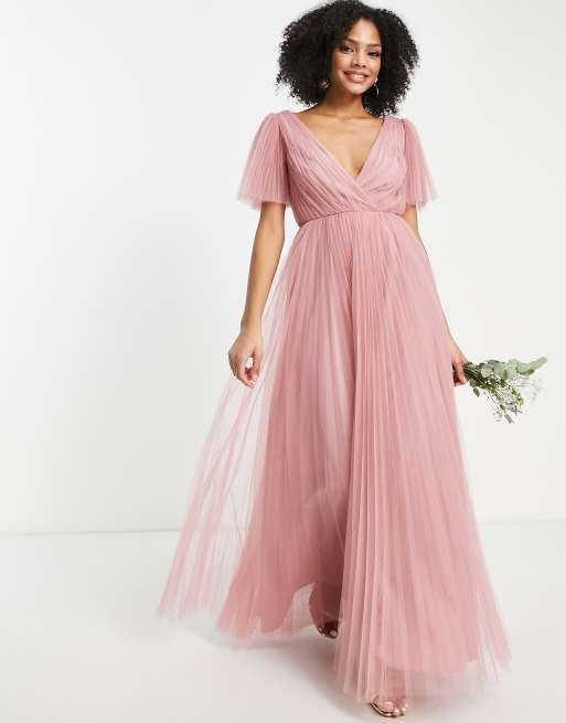 ASOS DESIGN Bridesmaid tulle maxi dress with flutter sleeve and pleated skirt in rose