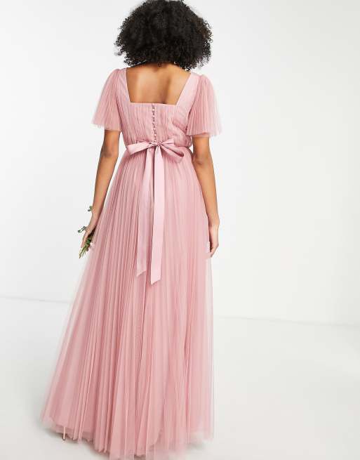 ASOS DESIGN Bridesmaid tulle maxi dress with flutter sleeve and pleated skirt in rose