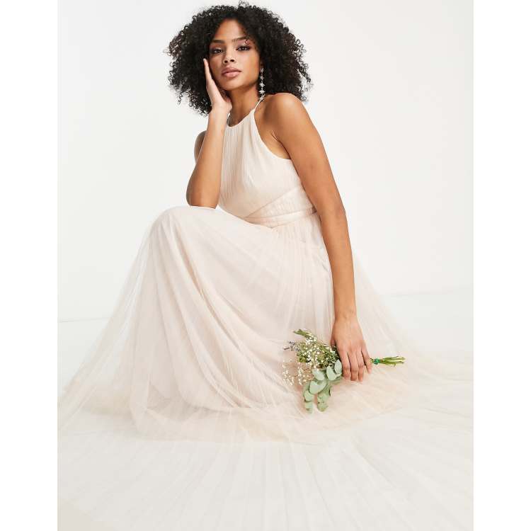 ASOS DESIGN Bridesmaid tulle pinny maxi dress with satin ribbon waist detail and pleated skirt in champagne