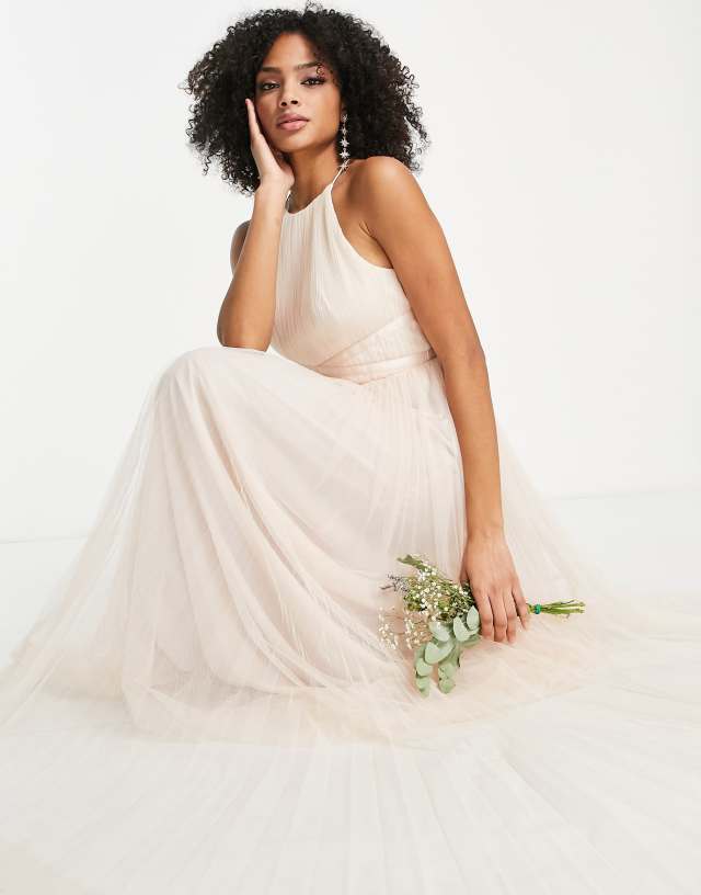 ASOS DESIGN Bridesmaid tulle pinny maxi dress with satin ribbon waist detail and pleated skirt in champagne