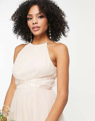 ASOS DESIGN bridesmaid tulle cami maxi dress with satin ribbon waist detail  and pleated skirt in champagne - ShopStyle