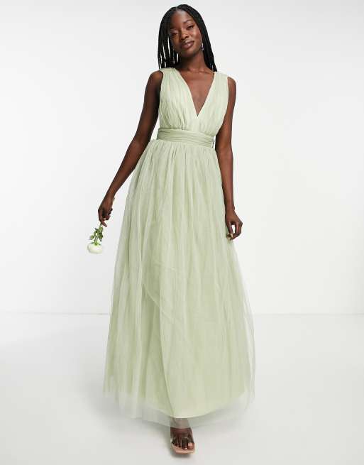 ASOS DESIGN Bridesmaid tulle plunge maxi dress dress with bow back detail in sage ASOS