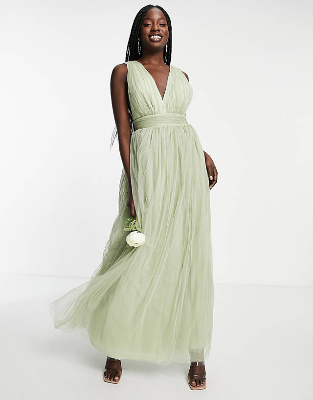 ASOS DESIGN Bridesmaid tulle plunge maxi dress with bow back detail in sage