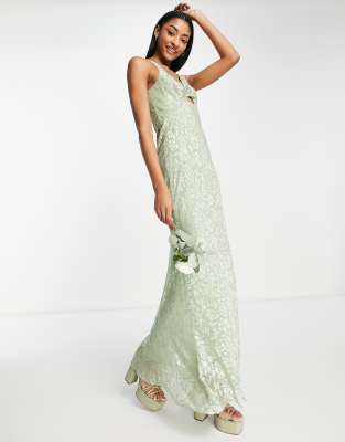 Asos Design Bridesmaid Twist Front Maxi Dress With Floral Devore Detail-green