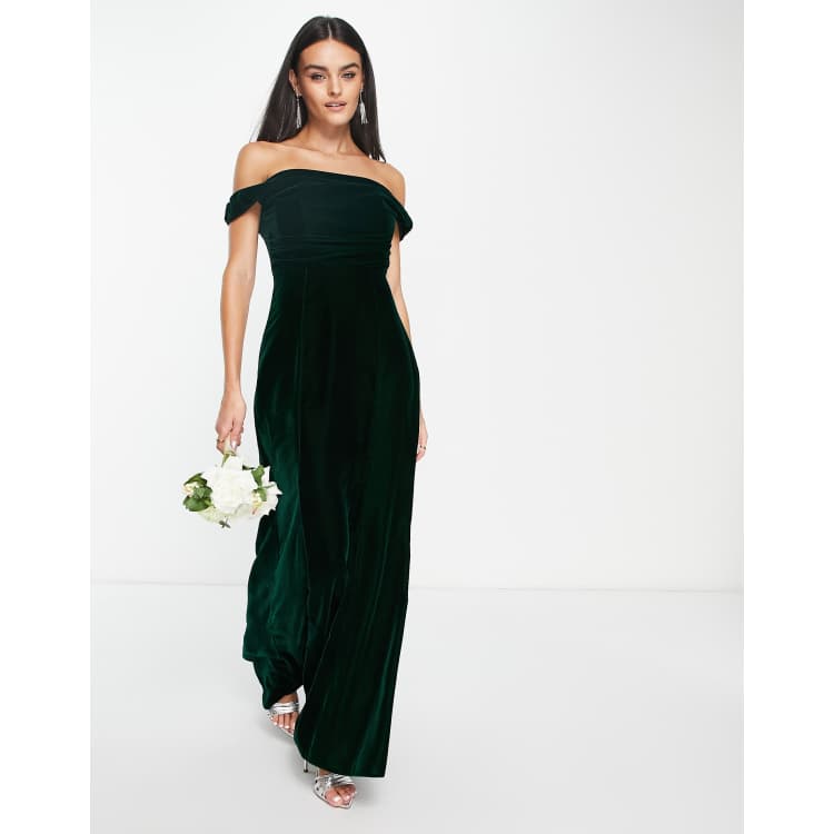 ASOS DESIGN Bridesmaid velvet off shoulder maxi dress with corset detail in green