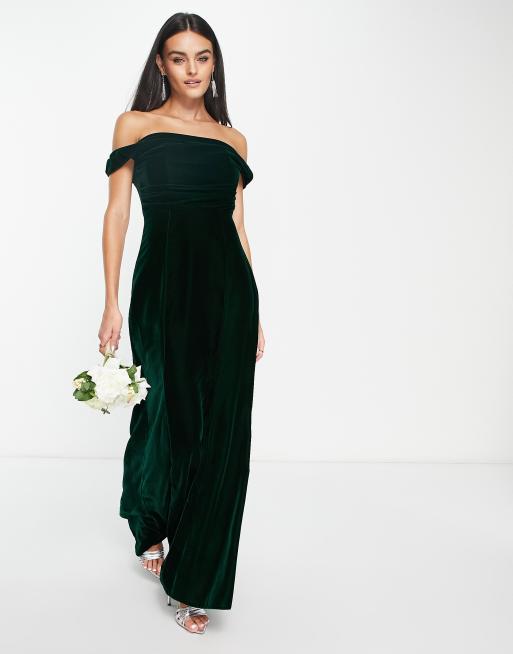 ASOS DESIGN Bridesmaid velvet off shoulder maxi dress with corset detail in green