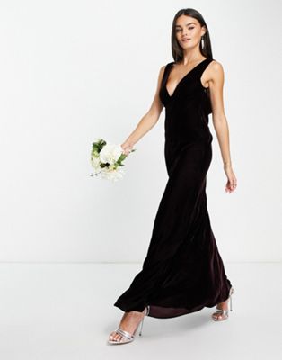 ASOS DESIGN Bridesmaid velvet ruched bodice maxi with drape cowl back in wine