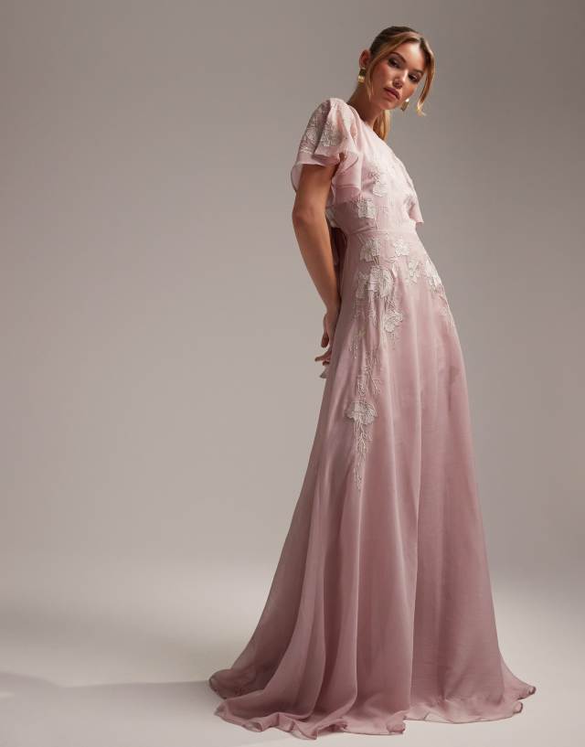 ASOS DESIGN Bridesmaids angel sleeve maxi dress with floral applique in rose