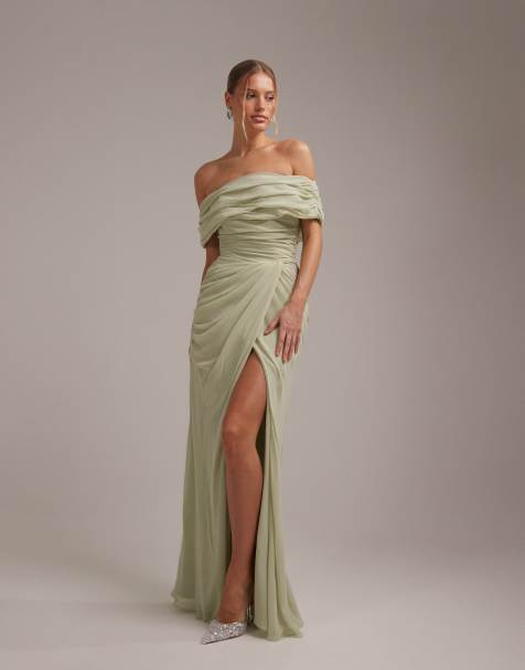 ASOS DESIGN bridesmaids bardot chiffon draped maxi dress with fixed wrap skirt in sage green