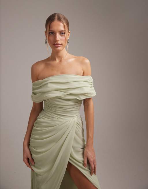 ASOS DESIGN bridesmaids bardot chiffon draped maxi dress with fixed wrap skirt in sage green, 2 of 5