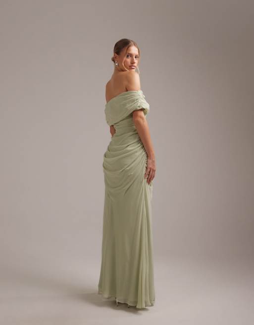 ASOS DESIGN bridesmaids bardot chiffon draped maxi dress with fixed wrap skirt in sage green, 4 of 5