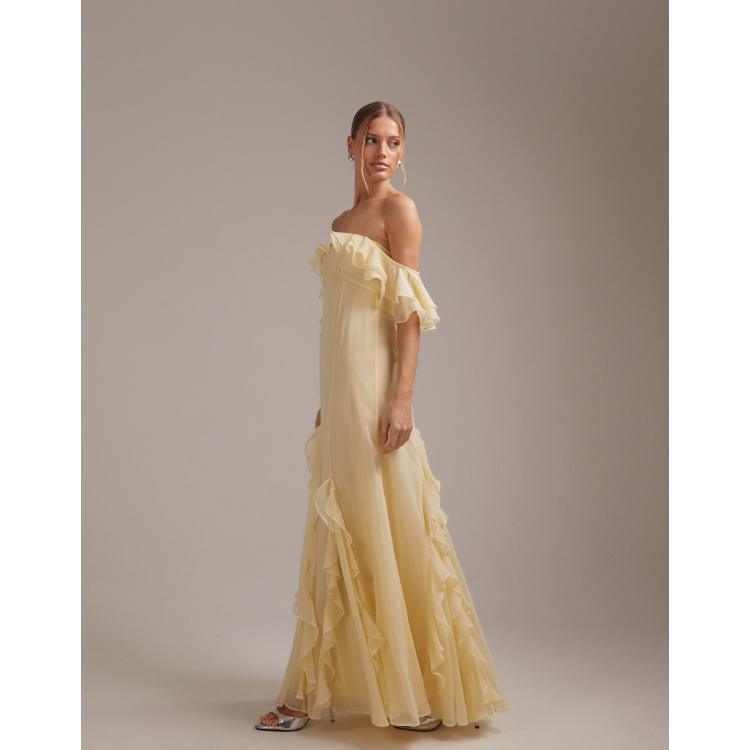 ASOS DESIGN bridesmaids bardot ruffle chiffon maxi dress in yellow | ASOS
