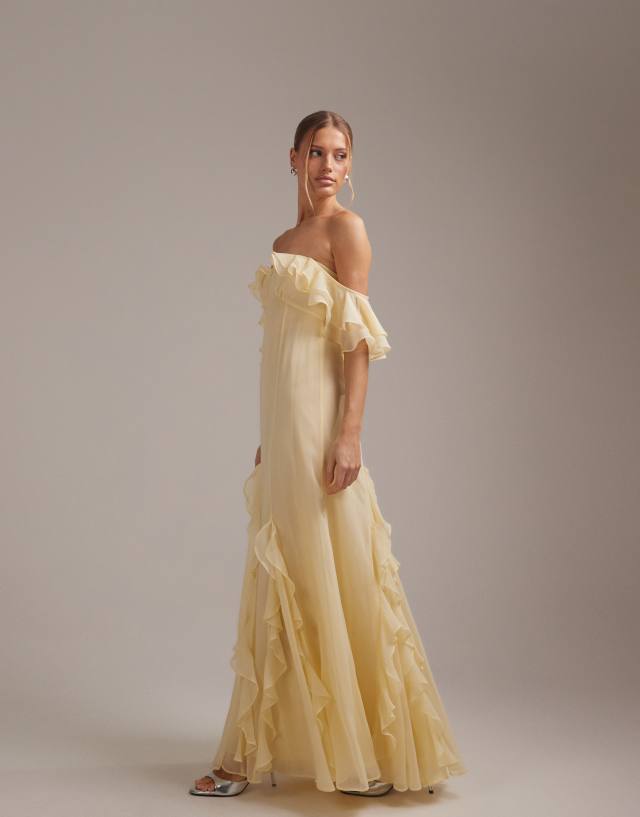 asos lemon bridesmaid dress DESIGN bridesmaids bardot ruffle chiffon maxi in yellow Cami maxi dress