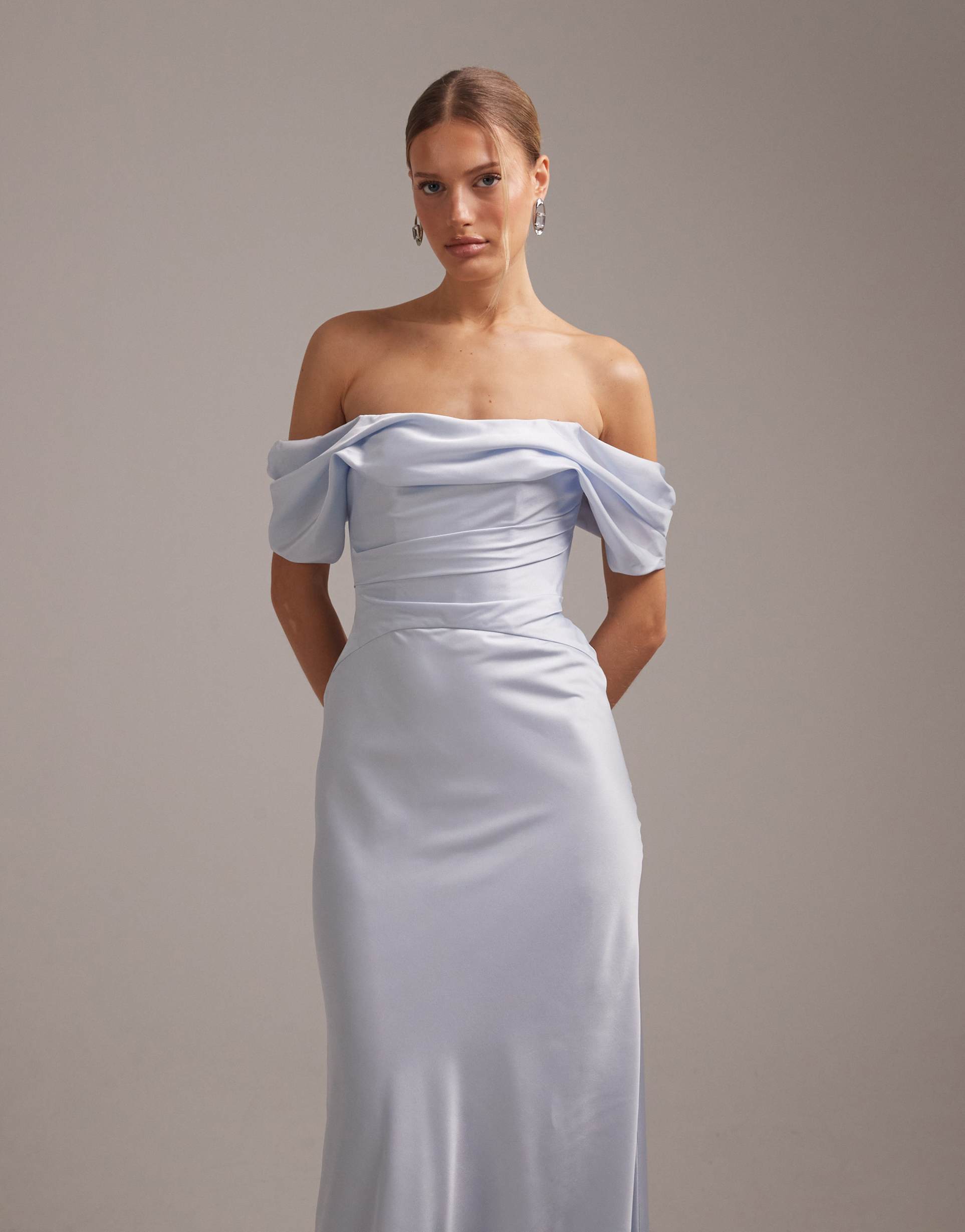 asos design bridesmaids bardot satin maxi dress in blue