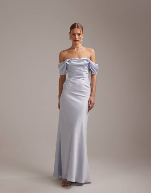 ASOS DESIGN bridesmaids bardot satin maxi dress in blue, 4 of 5